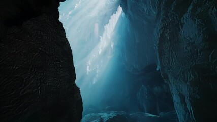 Aufkleber - Flowing river in dark cave, lit by sunlight. Mystical atmosphere with water, rocks, and light. Explore enchanting underground landscape