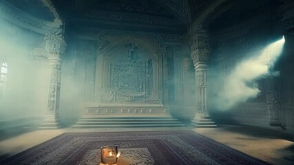 Poster - Mysterious and ancient temple interior featuring intricate stone carvings and bathed in an ethereal, otherworldly light, creating a sense of awe and wonder