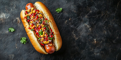 Close-up of a gourmet hot dog with upscale toppings