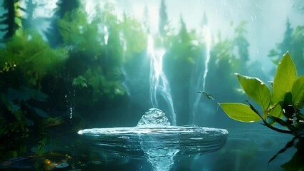 Aufkleber - Sunlight is shining through the canopy of a lush green forest, illuminating a waterfall flowing over moss covered rocks