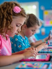 Poster - Diverse Group of Young Female Students Engaging with Technology in a Modern Classroom Setting During Daytime for Interactive Learning