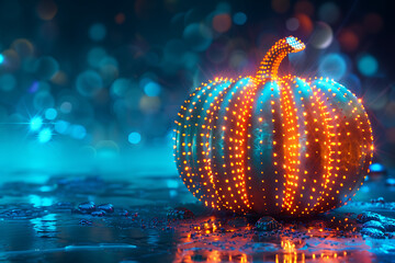 Wall Mural - Halloween pumpkin with futuristic technology on blue glowing neon background.