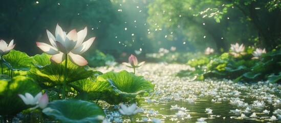 Poster - Lotus Flowers in a Serene Forest Stream