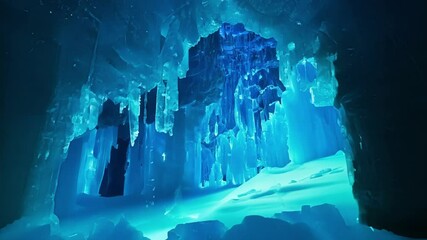 Poster - The mesmerizing turquoise light bathes the ice cave, casting a magical glow on snow and icicles, creating an enchanting and mysterious scene perfect for exploring