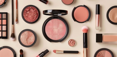 A flat lay of various makeup products, including blushers, eye shadows and brushes on an isolated beige background. The composition is centered with the cosmetics arranged in a pattern that emphasizes