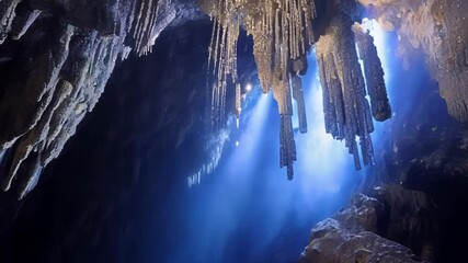 Aufkleber - Mysterious blue light is illuminating the stalactites hanging from the ceiling of a dark cave, creating a magical and fantastical atmosphere