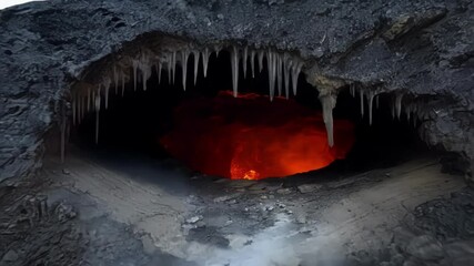 Poster - Red hot lava is flowing inside a volcano vent opening, creating a fantasy scene reminiscent of hell. The solidified lava rock contrasts with the incandescent flow