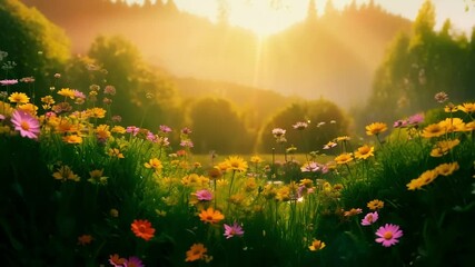 Poster - Vibrant meadow is filled with colorful wildflowers, illuminated by the warm glow of the setting sun, creating a magical and serene atmosphere