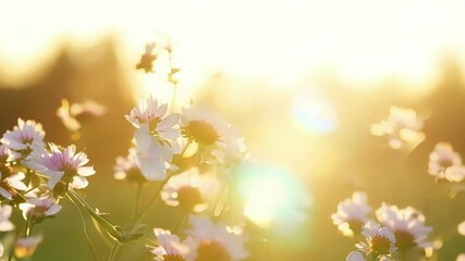 Poster - White flowers are blooming in a field, illuminated by the warm glow of the setting sun, creating a magical and enchanting atmosphere
