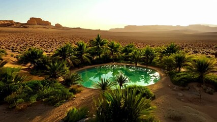 Poster - Tranquil oasis with turquoise water, palm trees, and sand dunes evokes peace and escape