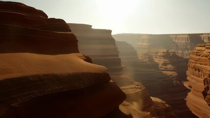 Poster - Sunlight is bathing the peaks of a canyon in warm light, creating a mesmerizing spectacle. The red rock formations and smooth sand dunes evoke a sense of otherworldly beauty