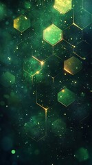 Wall Mural - Abstract green and gold hexagonal pattern on a dark background.