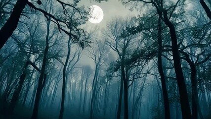 Aufkleber - The dark forest at dusk is shrouded in eerie fog, creating a spooky atmosphere with mystical shadows and hints of light filtering through the branches