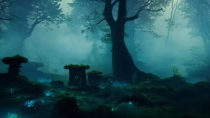 Poster - Mysterious glowing light illuminates ancient ruins in a foggy and ethereal forest, creating a captivating and otherworldly atmosphere