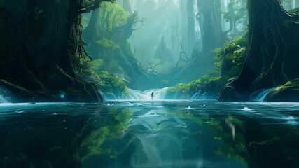 Aufkleber - Sunlight piercing through fog on a serene waterfall in an enchanting forest, creating a magical and peaceful scene with moss covered rocks and lush greenery