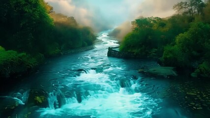 Poster - Flowing turquoise river in lush forest at sunrise, enveloped in mystical fog, creating enchanting atmosphere. Tranquil water, towering trees, rocky terrain form captivating landscape