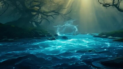 Poster - Sunbeams gently illuminate a turquoise river flowing through a fantasy forest, creating a magical and peaceful atmosphere