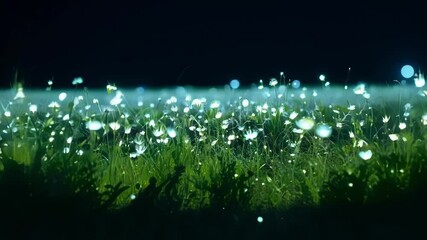 Poster - Magical field of glowing flowers is illuminating a mysterious meadow at night. The enchanted field is full of glowing flowers and fog