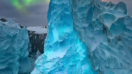 Aufkleber - Massive iceberg glows in turquoise and blue light, drifting peacefully in dark ocean waters, framed by majestic mountains