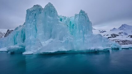 Aufkleber - Giant turquoise iceberg is floating on calm ocean water surrounded by snow covered mountains in antarctica. It's a beautiful day for a cruise through the fantasy world of ice