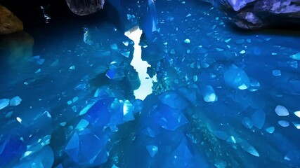 Aufkleber - Mystical underground river flows through a cave, its water glowing an otherworldly blue as it reflects the light filtering in from above