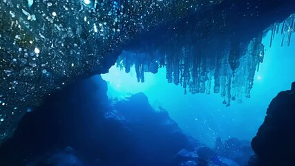 Aufkleber - Sun rays are illuminating the interior of an underwater cave, creating a mesmerizing play of light and shadow on the stalactites hanging from the ceiling