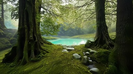 Poster - Sunbeams filter through primeval forest canopy, illuminating a turquoise lake in a lush clearing. The magical atmosphere enchants with beauty