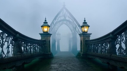 Poster - Two antique lanterns are illuminating a stone bridge with wrought iron railings disappearing in a mysterious fog, creating a fantasy atmosphere