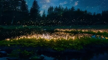 Poster - The magical forest glows at night with plants and fireflies, creating a fantasy scene under the starry sky