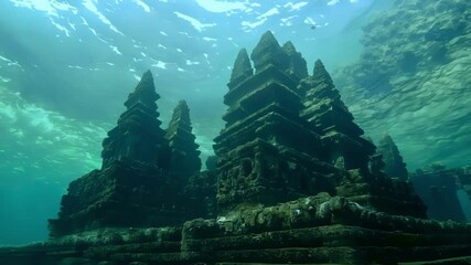 Poster - Sunbeams gently pierce the ocean surface, revealing ancient temple ruins underwater. The scene blends history and mystery, with stone structures adding a touch of fantasy