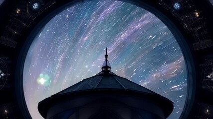 Poster - Spaceship window is showing a view of a planet with an old building in the middle and star trails in the background. The window is round and has some kind of control panel with glowing symbols