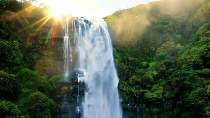 Poster - Sunlight is creating a beautiful rainbow while falling on a waterfall surrounded by lush green forest. A beautiful landscape showcasing the beauty of nature