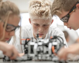 Leinwandbilder - Diverse Students Collaborating on Robotics Project in Modern Classroom Setting, Engaging in Hands-on Learning and Teamwork
