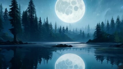 Wall Mural - Full moon is illuminating a tranquil lake surrounded by a forest at night, its reflection shimmering on the water's surface