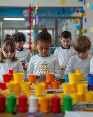Poster - Diverse Group of Young Elementary School Students Collaborating on a Science Project in a Brightly Decorated Classroom During the Daytime, Showcasing Creativity and Teamwork