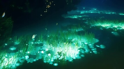Aufkleber - Glowing algae lights up a dark swamp, creating a magical atmosphere in this enchanting fantasy concept art