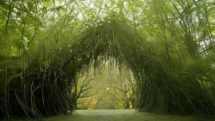 Poster - Mysterious gate made of entwined branches is inviting you to enter a magical forest full of lush greenery, evoking a sense of wonder and enchantment
