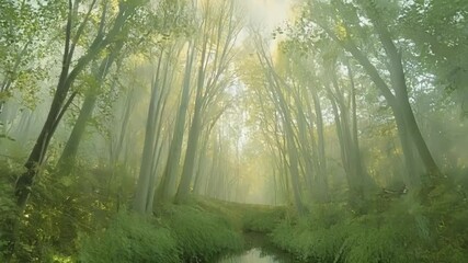 Aufkleber - Light filters through the trees along a path in a green forest filled with mist and fog, creating a mysterious and magical atmosphere