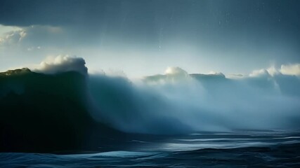 Poster - Massive, teal colored ocean wave is about to crash in a dramatic, fantasy scene. The sky is dark and cloudy, creating a sense of foreboding