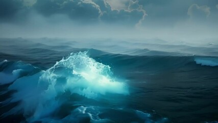 Poster - Dramatic seascape with crashing waves under a stormy sky, evoking danger and wild beauty. The dark blue waters churn with power, capturing nature's raw energy. Perfect for design backgrounds