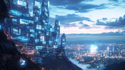 Wall Mural - A futuristic cityscape where mountains are made of stacked computer screens, with dynamic digital displays lighting up the scene