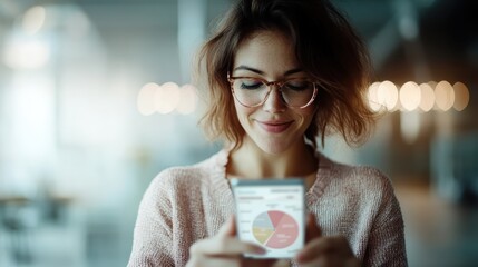 A relaxed woman with glasses wearing a cozy sweater smiling and looking at a smartphone displaying a pie chart, representing satisfaction and success in a modern office setting.