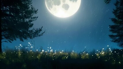 Aufkleber - Fireflies lighting up a field of flowers on a summer night, with a brilliant moon shining in the background, creating a magical and mystical scene