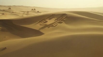 Poster - The sun shines over a vast desert with ancient ruins buried in shifting sand dunes, hinting at a lost civilization waiting to be discovered