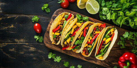 Vegetarian tacos on a wooden board with assorted vegetables and herbs