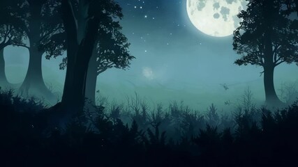 Poster - Silhouettes of trees filling a forest glowing under the light of the moon, with small particles of light floating in the air