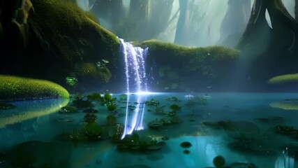 Aufkleber - Water cascades down moss covered rocks in a peaceful forest setting, creating a serene and magical ambiance. Light filters through the canopy, illuminating the mist and creating a sense of wonder