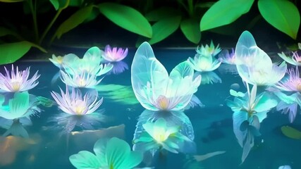Aufkleber - Glowing water lilies float peacefully on a serene pond, surrounded by lush green foliage. The magical luminescence creates a dreamlike atmosphere, perfect for a tranquil background