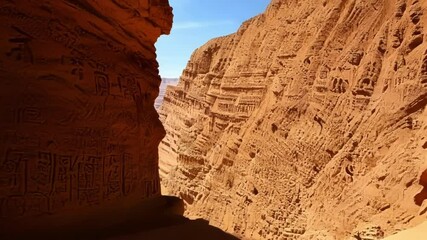 Aufkleber - Sunlight illuminating a mysterious narrow canyon passage showing ancient carvings on the walls, creating a mystical and captivating atmosphere