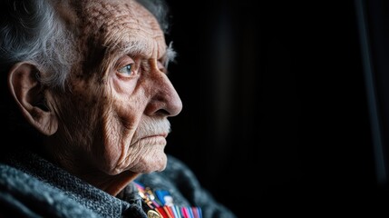 An elderly individual adorned with various military medals is seen gazing reflectively out of a dimly lit room, suggesting a past filled with service and honor.